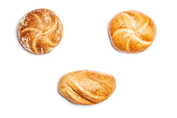 Three different bread rolls on white background, high angle — Stock Photo, Image