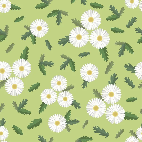 Seamless Pattern of Daisies and Leaves. Vector Illustration — Archivo Imágenes Vectoriales