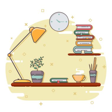 İçinde kitap, vazoda çiçek ve bir fincan sıcak içecek olan rahat bir yerin vektör düz çizimi..