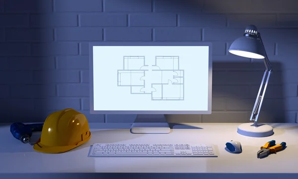 Компьютер, настольная лампа, шлем и строительные инструменты — стоковое фото