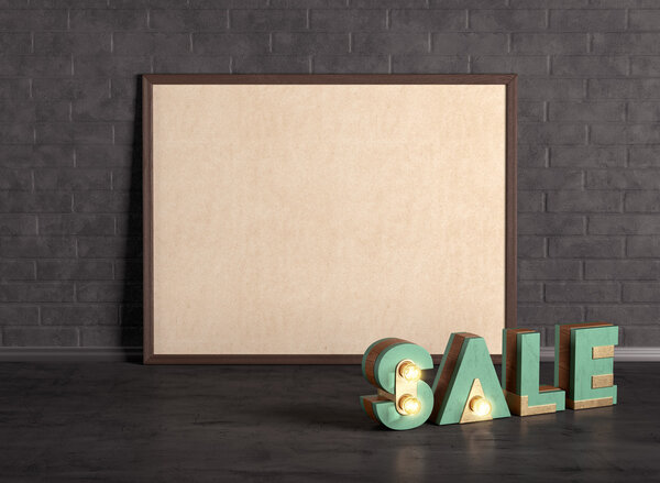 poster with sale word on the brick wall background 3D