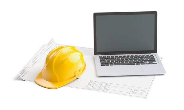 Blueprint, kask i laptop na na białym tle — Zdjęcie stockowe