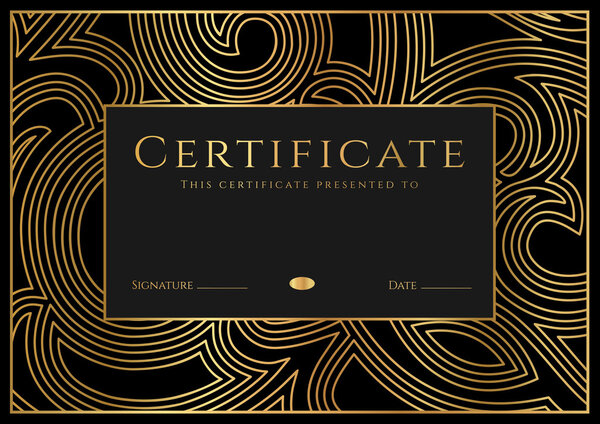 Certificate, Diploma of completion (design template, background) with guilloche pattern (watermark), rosette, border, frame. Black, gold Certificate of Achievement / education, coupon, award, winner