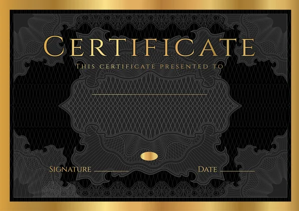 Certificate, Diploma of completion (design template, background) with guilloche pattern (watermark), rosette, border, frame. Black, gold Certificate of Achievement / education, coupon, award, winner — Stock Vector