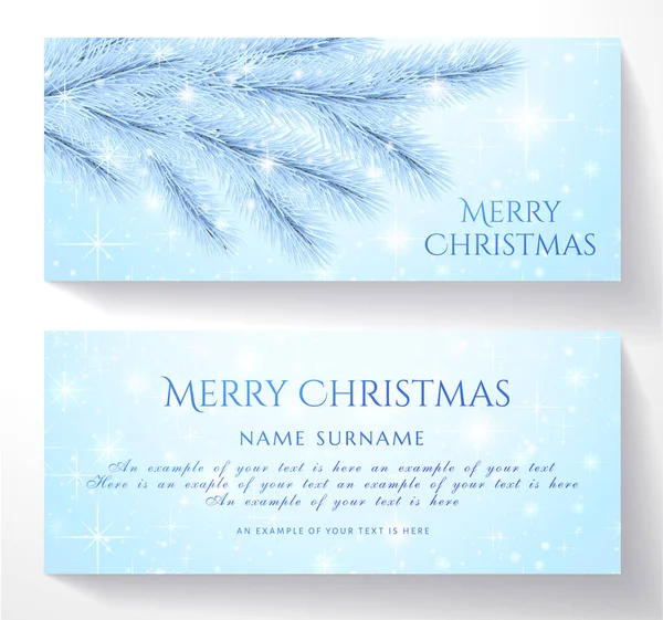 青い背景に雪の凍った木 冬に松の枝 雪の結晶 クリスマススターとクリスマスグリーティングカード ギフト券に便利なホリデー両面カード ギフト券 — ストックベクタ