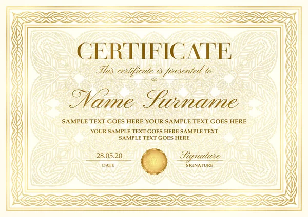 Gold Elegant Certificate Golden Border Frame Curve Pattern Fine Line — Vettoriale Stock