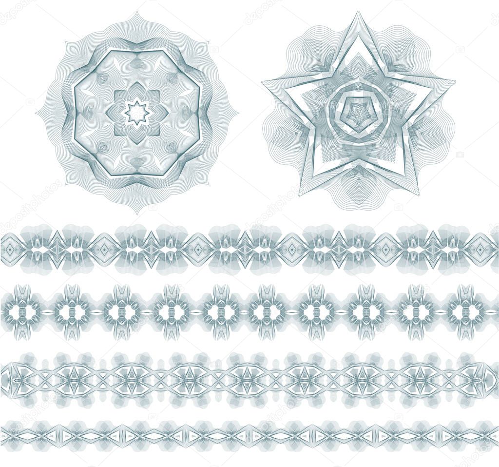 Guilloche money border, rosette (spirograph) collection. Watermark line pattern useful for bank note, cheque, certificate, currency background design. Vector set