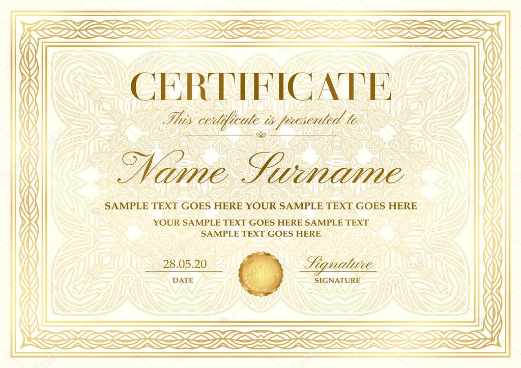 Gold elegant certificate with golden border (frame), curve pattern with fine line ornament on background. Vector template for invite, diploma