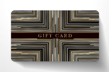 Premium gift card with horizontal gold, black, silver glitch lines on black background. Dark royal template useful for any invitation luxe design, shopping card (loyalty card), voucher or gift coupon