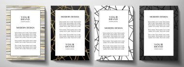 Modern siyah ve altın çerçeve tasarımı (koleksiyon). Not, iş posteri, broşür, menü şablonu için lüks yaratıcı çizgi desenli resmi vektör yerleşimi