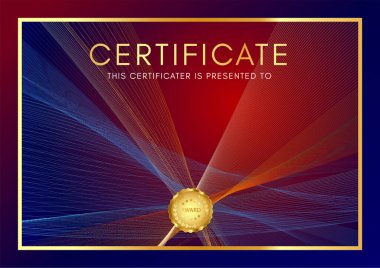 Guilloche desenli sertifika şablonu (çizgiler), çerçeve sınırı ve altın madalya. Diploma, tapu, takdir belgesi, başarı, devamlılık, ödül plaketi tasarımı için mavi ve kırmızı arkaplan