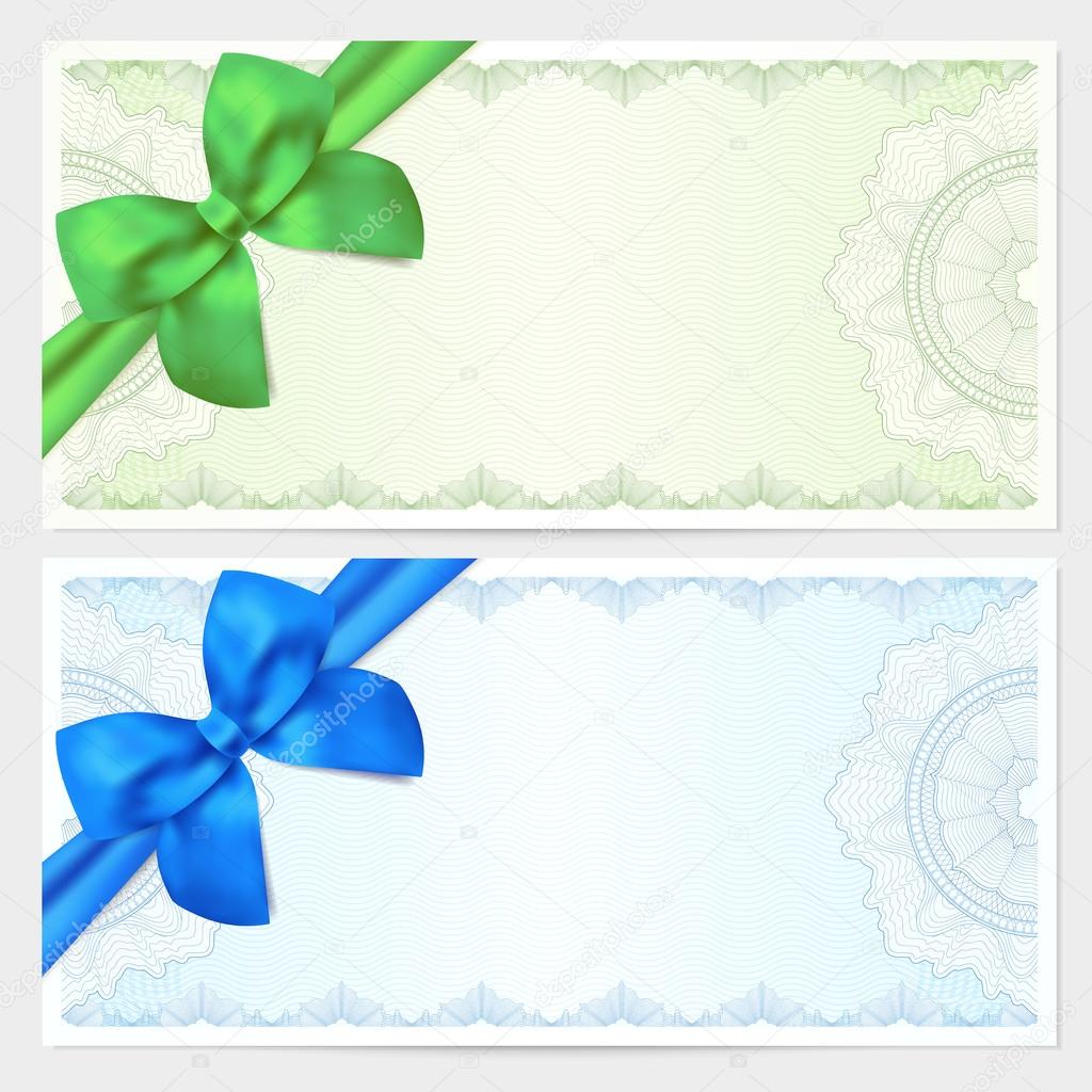 Voucher, Gift certificate, Coupon, ticket template. Guilloche pattern (watermark, spirograph) with bow (ribbon). Green, blue backgrounds for banknote, money design, currency, bank note, check (cheque)