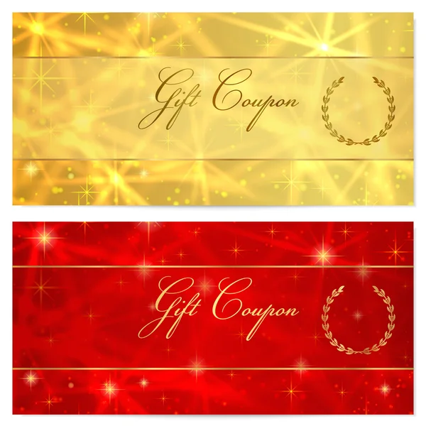 Certificado de regalo, cupón, cupón, recompensa o plantilla de tarjeta de regalo con brillante, brillo estrellas textura (patrón). Rojo, diseño de fondo de oro para el billete de regalo, cheque, bono de dinero de regalo, boleto, folleto — Archivo Imágenes Vectoriales