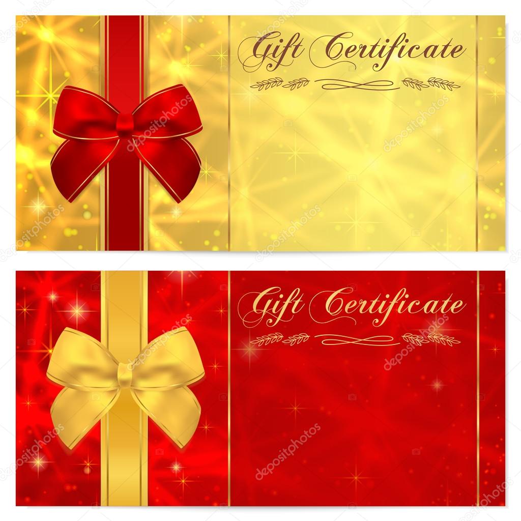 Gift certificate, Voucher, Coupon, Invitation or Gift card template with sparkling, twinkling stars (texture) and bow (ribbon). Red, gold background design forbanknote, check, money bonus, banner, flyer