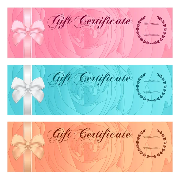 Certificado de regalo, cupón, cupón, recompensa o plantilla de tarjeta de regalo con patrón de rosa floral, lazo (cinta). Conjunto de diseño de flores de fondo para billetes, cheque, bono de dinero, boleto, volante, banner — Vector de stock