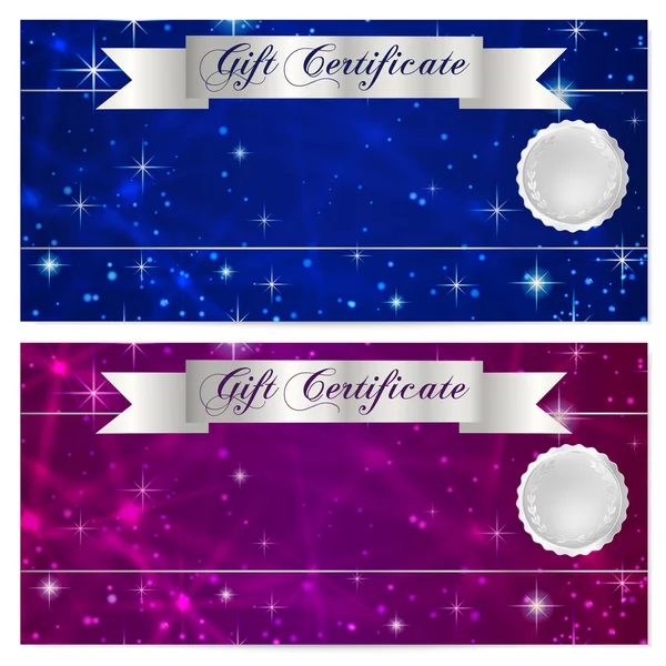 Chèque-cadeau, bon, coupon, modèle de carte cadeau ou de récompense avec scintillement, scintillement de la texture des étoiles, ruban. Fond bleu foncé pour billets, chèque, bonus d'argent, flyer, bannière — Image vectorielle