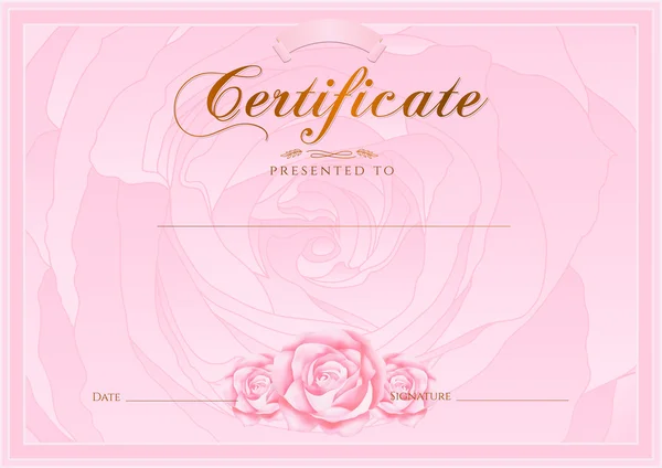 Certificate, Diploma of completion (Rose design template, flower background) with floral, pattern, border, frame. Certificate of Achievement, coupon, award, winner certificate, pink female gift card — Stock Vector