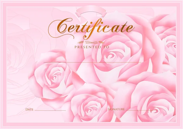 Certificado, Diploma de finalización (Plantilla de diseño rosa, fondo de flores) con floral, patrón, borde, marco. Cupón de logro, premio, ganador, rosa tarjeta de regalo femenina — Archivo Imágenes Vectoriales