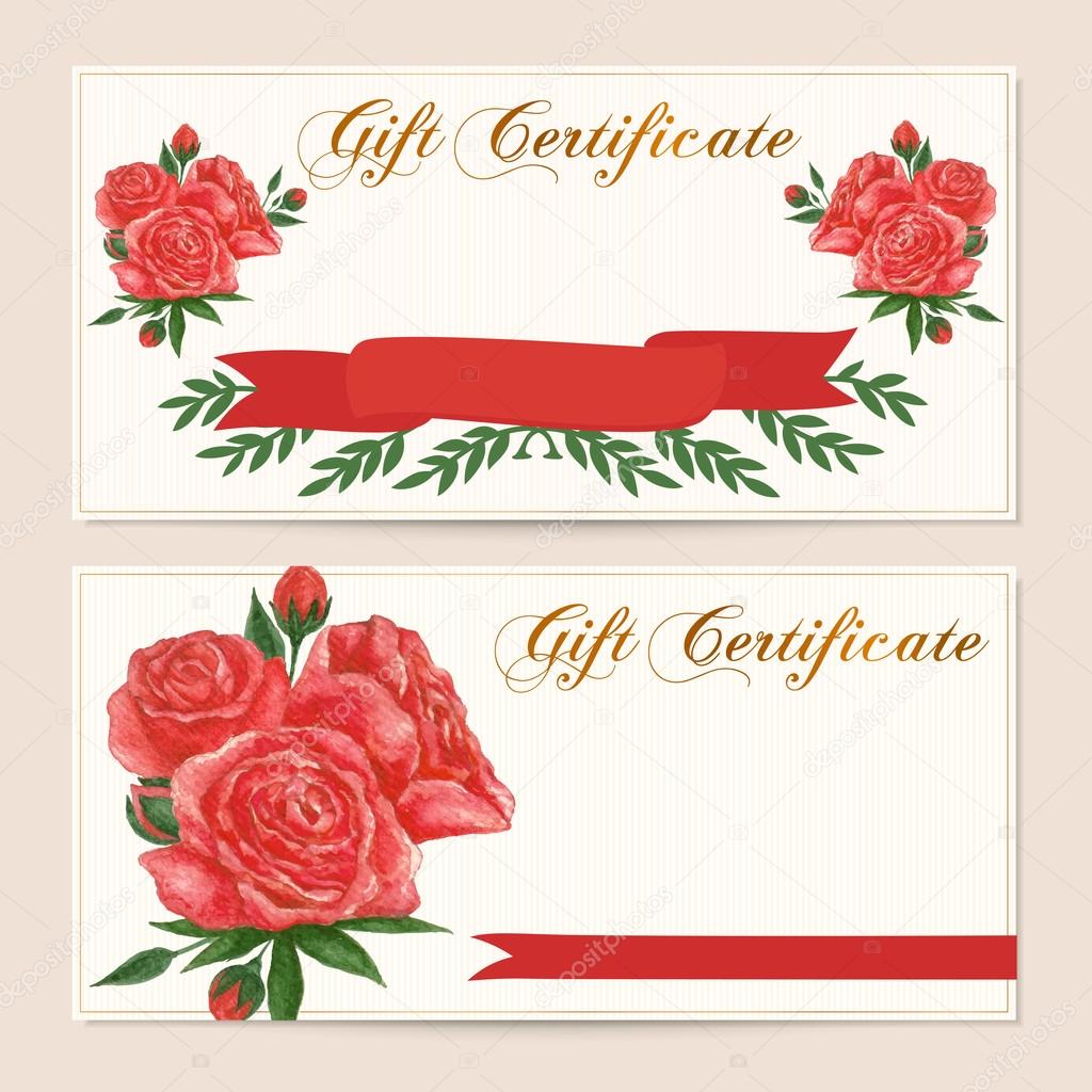 Gift certificate, Voucher, Coupon, Reward card template with vintage red rose (flowers pattern). Floral feminine background design set for gift banknote, check, money bonus, ticket, flyer, banner