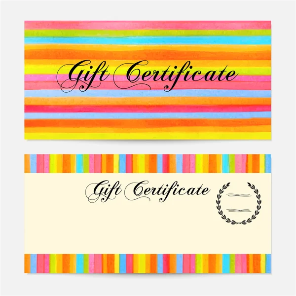 Gift certificate, Voucher, Coupon, money bonus, card template with colorful stripy (stripes, line pattern) background. Vector watercolor with rainbow texture for reward design, ticket, check — Stock Vector