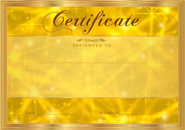 Certificaat, Diploma van voltooiing met abstracte gouden achtergrond, mousserende twinkelende sterren. Kosmische glanzende galaxy (sfeer). Toekenning van prestatie, waardebon, winnaar certificaat. Vakantie achtergrond ontwerp — Stockvector
