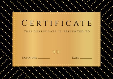 Sertifika, Diploma tamamlanması ile siyah arka plan, altın elemets desen, kenarlık, altın çerçeve. Başarı, mezuniyet belgesi, Ödülü, okul ödüller, kazanan sertifika belgesi