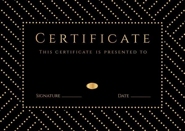 Certificaat, Diploma van voltooiing met zwarte achtergrond, gouden elemets patroon, rand, gouden frame. Certificaat van voltooiing, afstuderen certificaat, award, School awards, winnaar certificaat — Stockvector