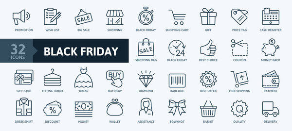 Black Friday Big Sale - тонкая линия иконки набор. Коллекция контуров иконок. Простая векторная иллюстрация.
