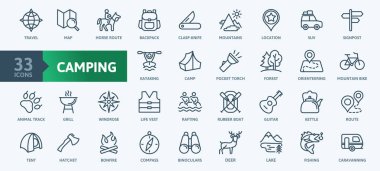 Domestic tourism, local tour, camping -  thin line web icon set. Outline icons collection. Simple vector illustration. clipart