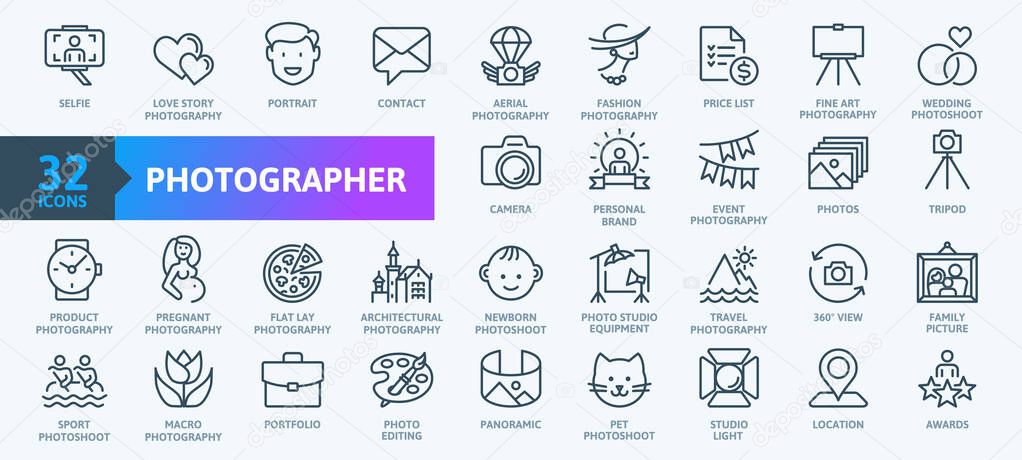 Photographer, photography - thin line web icon set. Outline icons collection. Simple vector illustration.