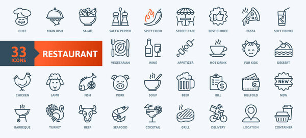 Restaurant cafe menu, food and drink - thin line web icon set. Outline icons collection. Simple vector illustration.