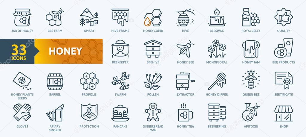 Honey, Apiary, Beekeeping - thin line web icon set. Contains such Icons as Beekeeper, Beehives, Propolis, Bee Farm and more. Outline icons collection. Simple vector illustration.