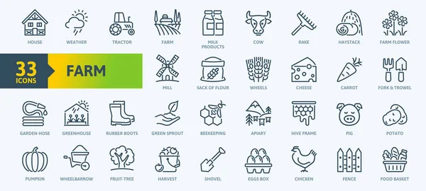 Farm Farming Agriculture Thin Line Web Icon Set Contains Icons — Stock Vector