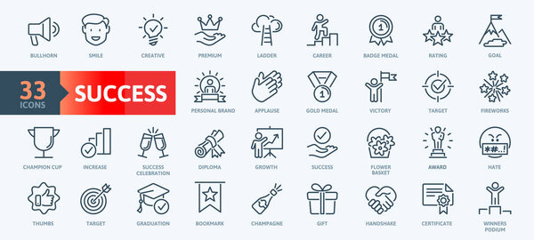 Web Set of Success, Goals and Target Related Vector Thin Line Icons. Contains such Icons as Achievment, Handshake, Victory and more. Outline icons collection. Simple vector illustration.