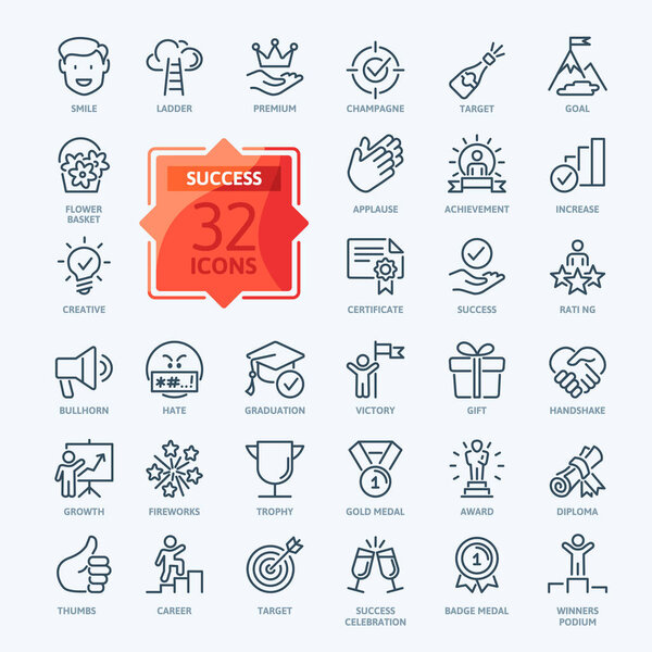 Web Set of Success, Goals and Target Related Vector Thin Line Icons. Содержит такие иконы как Достижение, Рукопожатие, Победа и многое другое. Коллекция контуров иконок. Простая векторная иллюстрация.