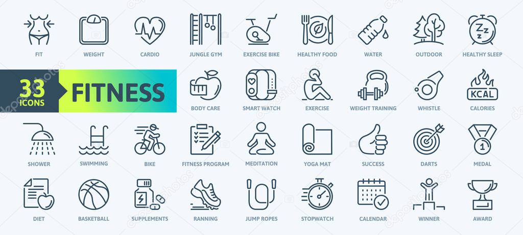 Web Set of Fittness Vector Thin Line Icons. Contains such Icons as Healthy Lifestyle, Weight Training, Body care and more. Outline icons collection. Simple vector illustration.