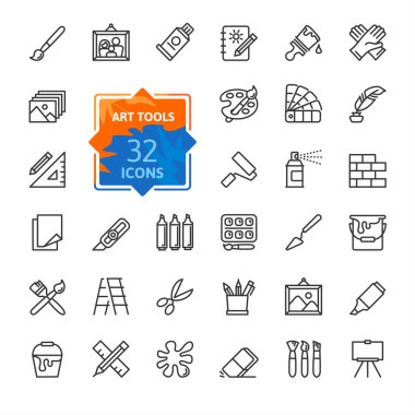 Paint art tools, design - thin line web icon set. Contains such Icons as Spray, Color palette, Paint Bucket and more. Outline icons collection. Simple vector illustration. clipart