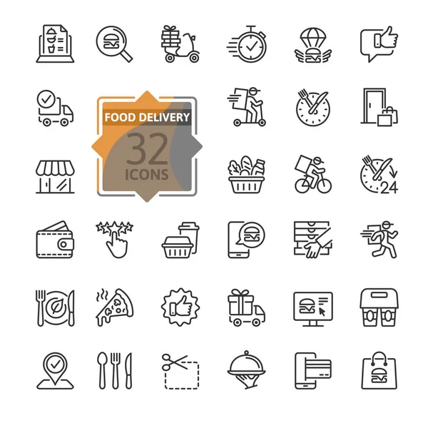 Essenslieferung Thin Line Web Icon Set Enthält Symbole Wie Kontaktlose — Stockvektor