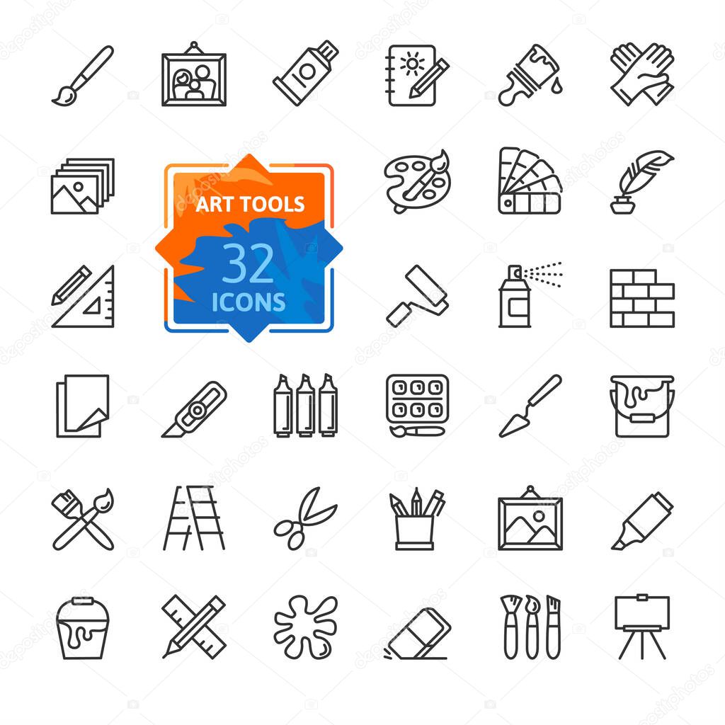 Paint art tools, design - thin line web icon set. Contains such Icons as Spray, Color palette, Paint Bucket and more. Outline icons collection. Simple vector illustration.