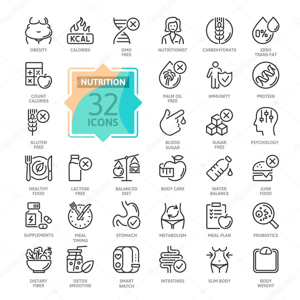 Web Set of Nutrition, Healthy food and Detox Diet Vector Thin Line Icons. Contains such Icons as Obesity, Caunt Calories, Palm oil free, Probiotics and more. Outline icons collection. Simple vector illustration.