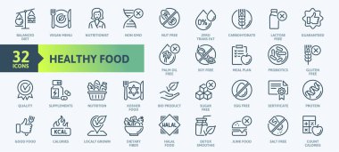 İnce çizgili Icon Sağlıklı Gıda, Helal, Kosher, vejetaryen yiyecekler. Laktozsuz, glütensiz, şekersiz, GDO 'suz, Palm oil' siz ve daha fazlası gibi ikonları içerir. Taslak simge koleksiyonu. 