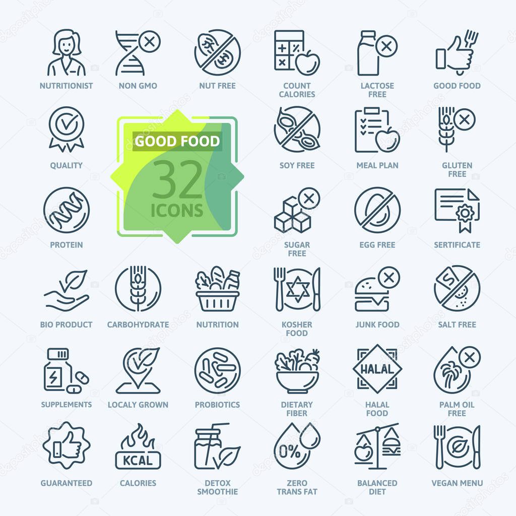 Thin Line Icon Set of Healthy Food, Halal, Kosher, Vegan food. Contains such Icons as Lactose free, Gluten free, Sugar free, GMO free, Palm oil free and more. Outline icons collection. 