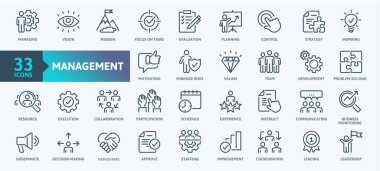 Business Management Outline Icon Collection. Thin Line Set contains such Icons as Vision, Mission, Values, Human Resource, Experience and more. Simple web icons set. clipart