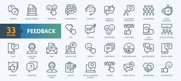 Коллекция контуров контуров. Thin Line Set содержит такие иконки, как Рейтинг, Отзывы, Быстрый ответ, Удовлетворение и многое другое. Простой набор иконок.