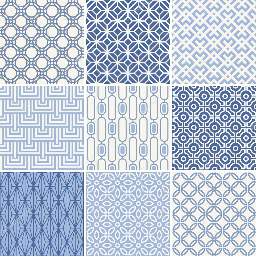 Seamless oriental geometric patterns set in blue