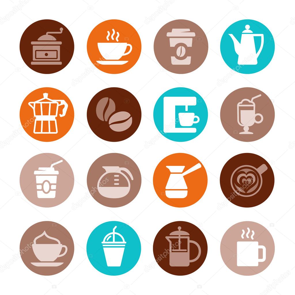 Colorful coffee icon set on white. Vector illustration
