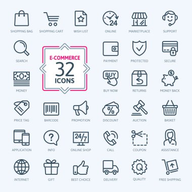 E-commerce, online shopping. Outline web icons set. clipart