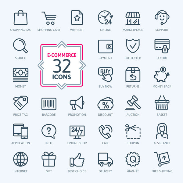 E-commerce, online shopping. Outline web icons set.