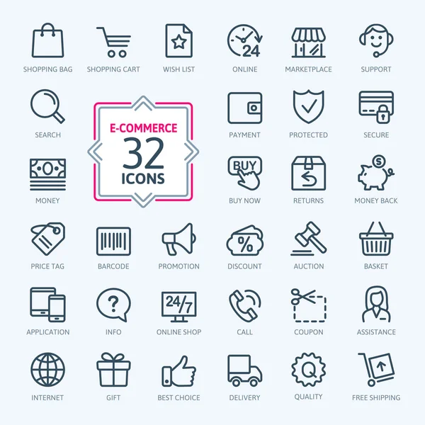 Comercio electrónico, compras en línea. Esquema conjunto de iconos web . Ilustración De Stock