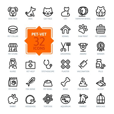 Outline web icon set - pet, vet, pet shop, types of pets clipart